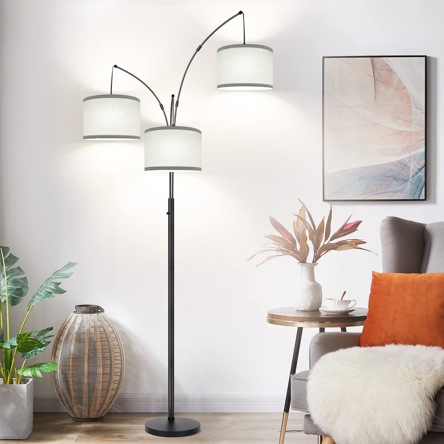 Nintiue Dimmable Floor Lamp - 3 Lights Arc Design, Metal, Matte Black with Gray Linen Shades, Model F1378