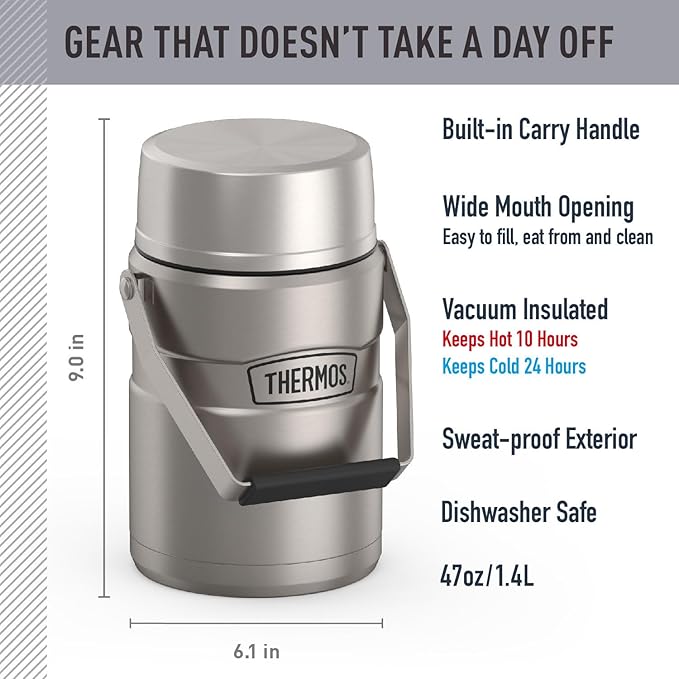 THERMOS Stainless King Vacuum-Insulated Food Jar with 2 Storage Container Inserts, 47 Ounce, Matte Steel