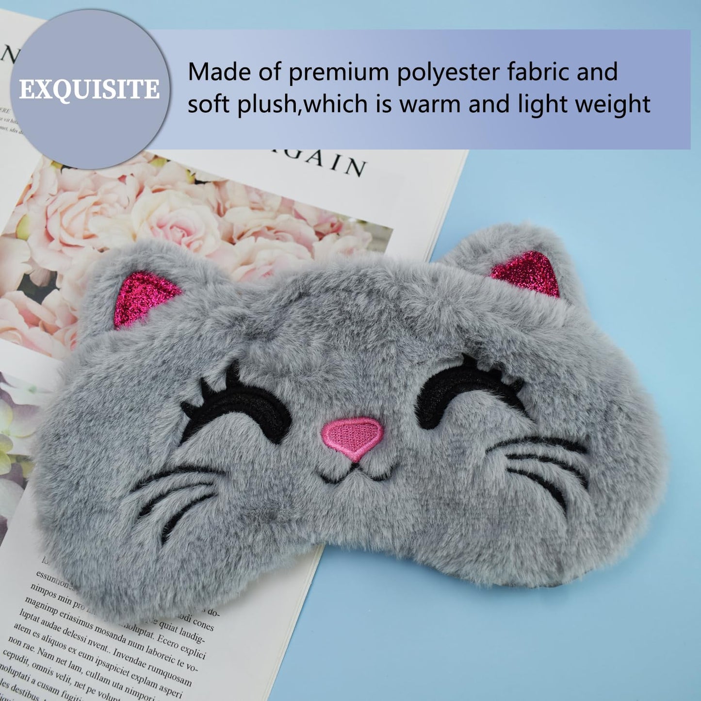 Mezeic Cute Sleep Masks - Cartoon Animal Cat Eye Mask, Plush Sleeping Mask & Travel Blindfold - Funny Kitten Eye Shade for Women Men (Grey Cat)