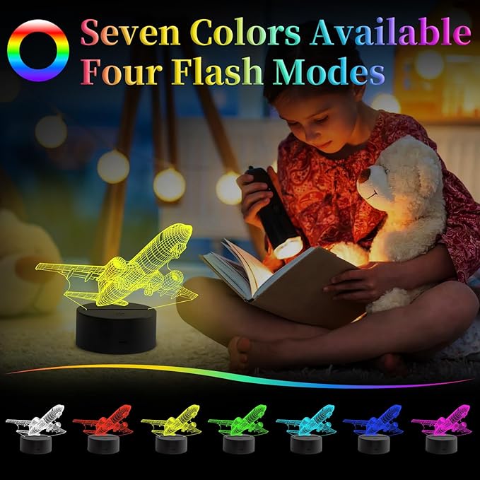 Airplane Night Light, 3D LED Illusion Night Lamp for Boys - Aircraft Themed Bedroom Lamps, Optical Illusion Lamp with Remote Control, Perfect for Kids' Room Décor, Cool Gifts for Airplane Lovers