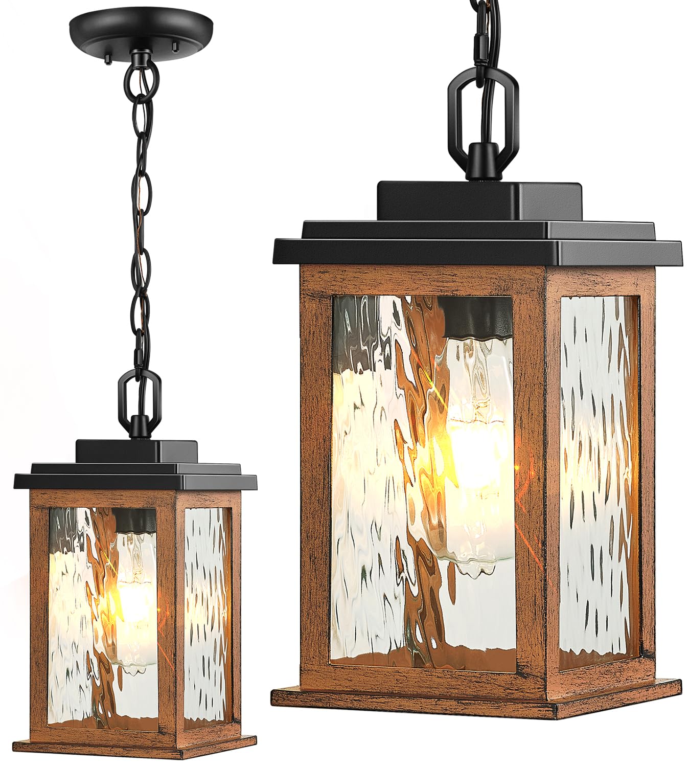 VIANIS Outdoor Pendant Light, Waterproof Aluminum Ceiling Fixture, Wood Grain, Model V83011GR, Lantern for Porch