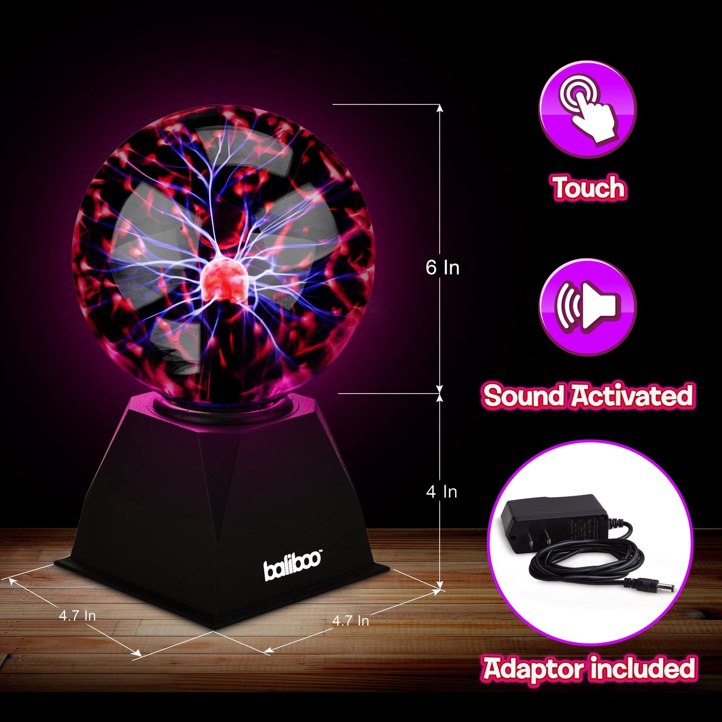 BALIBOO 6" Plasma Ball Light – Touch Activated Lightning Globe – 12V Power Adapter Plug Plasma Globe Lamp – Interactive Science Static Electricity Ball, Christmas Stocking Stuffers for Teens and Kids