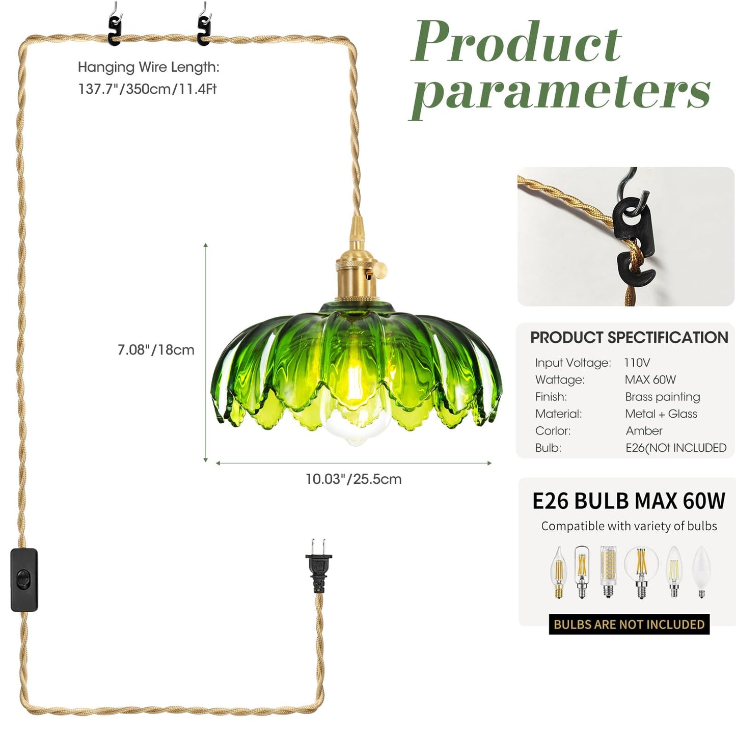Beserwin Plug In Pendant Light  Hanging Lights With Plug In Cord  Hanging Light Fixture With Green Glass  E26 Pendant Lighting For Kitchen Island  Bedroom  Dining Room  Living Room
