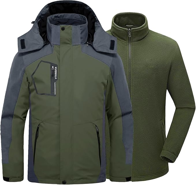 Kugnala Mens Winter Skiing Jacket 3 in 1 Waterproof Warm Snow Fleece Lining Coat Hooded Windproof Jacket S-6XL