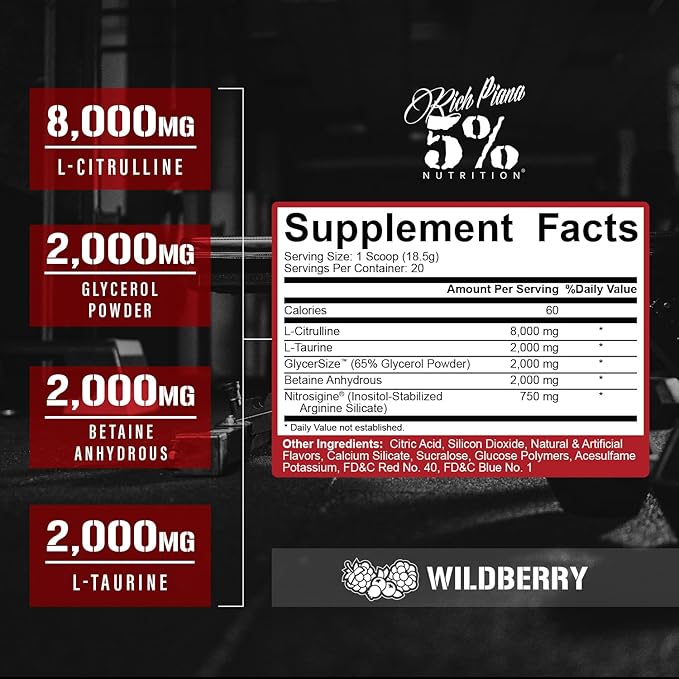 5% Nutrition FullAF Pre-Workout | Stim-Free with Massive Pumps | L-Citrulline, L-Taurine, Nitrosigine, GlycerSize | 13.05 oz (Wildberry)