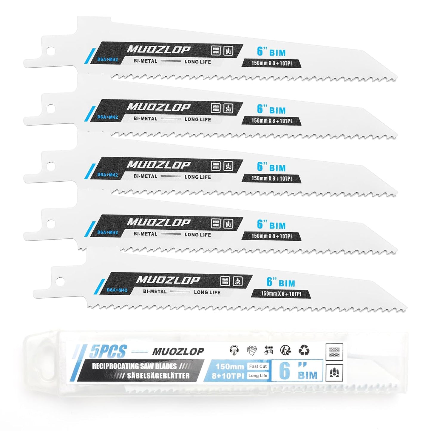 5 Pack 6 inch Reciprocating Saw Blades Set,8+10 TPI High Carbon Saw Blades, Metal Saw Blades with Organizer Case (5, 8+10TPI/150mm)