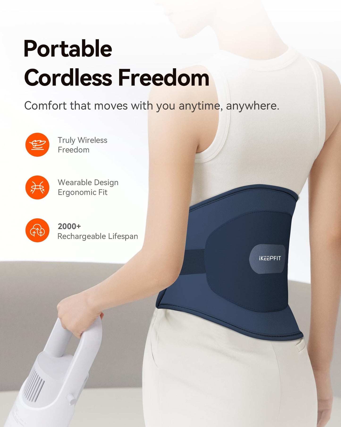IKEEPFIT Portable Heating Pad for Back, Cordless Wearable Heat Belt with Massager for Lower Back Pain Relief, Battery Powered 8000 mAh Rechargeable, MAXwarm® 3.0, Gift for Women Men 90-310 lbs