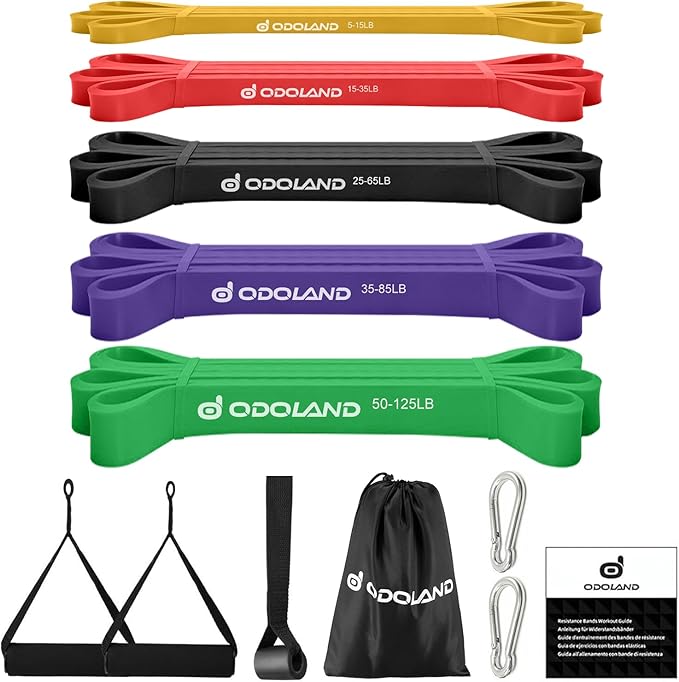 Odoland 5 Packs Pull Up Assist Bands, Pull Up Straps, Resistance Bands with Door Anchor and Handles, Stretch Mobility, Pow...