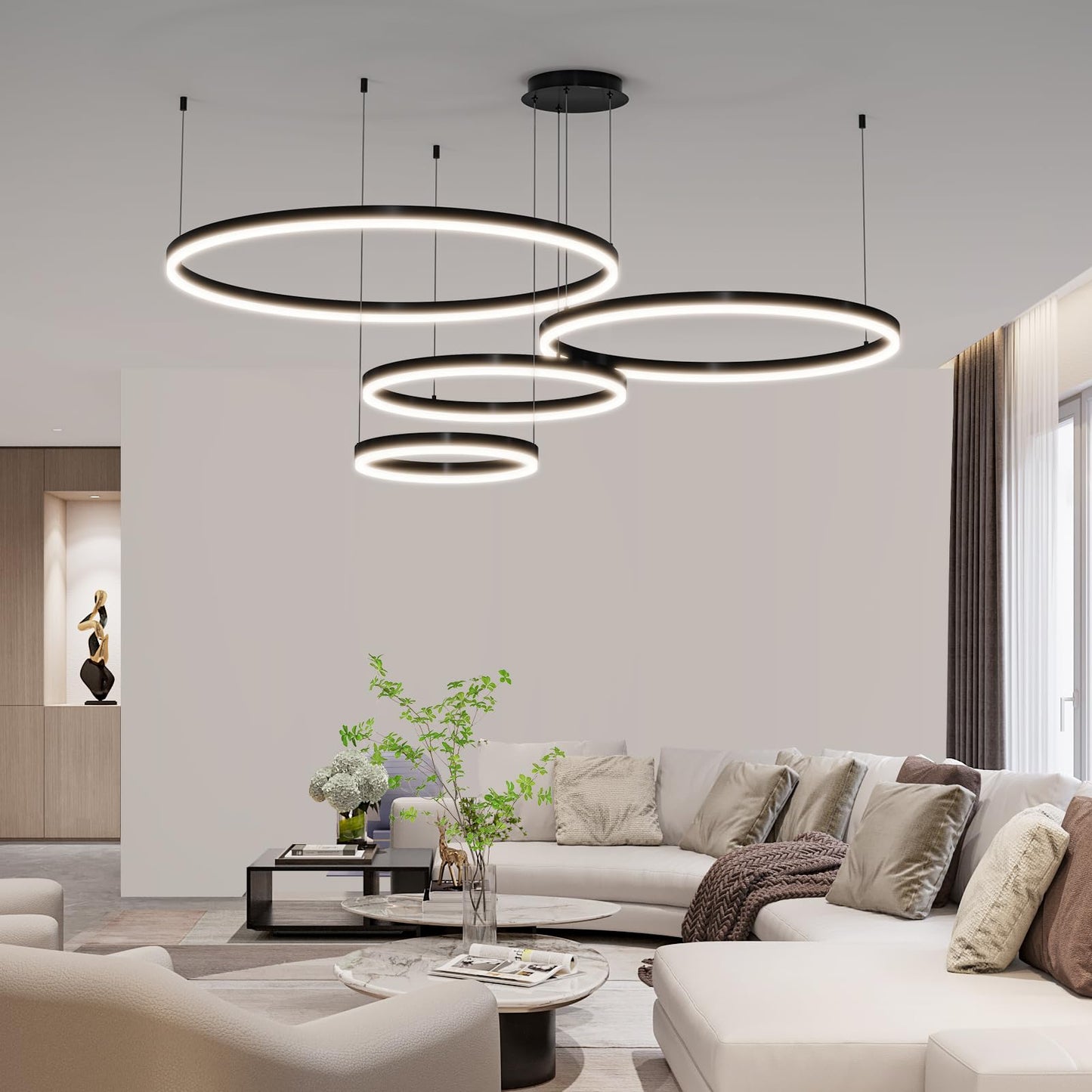 Mikeru Modern LED Chandelier Light, Adjustable 3000K-6500K, 15.7-39.5IN, Aluminum, Black, Model NXF-BGZDD