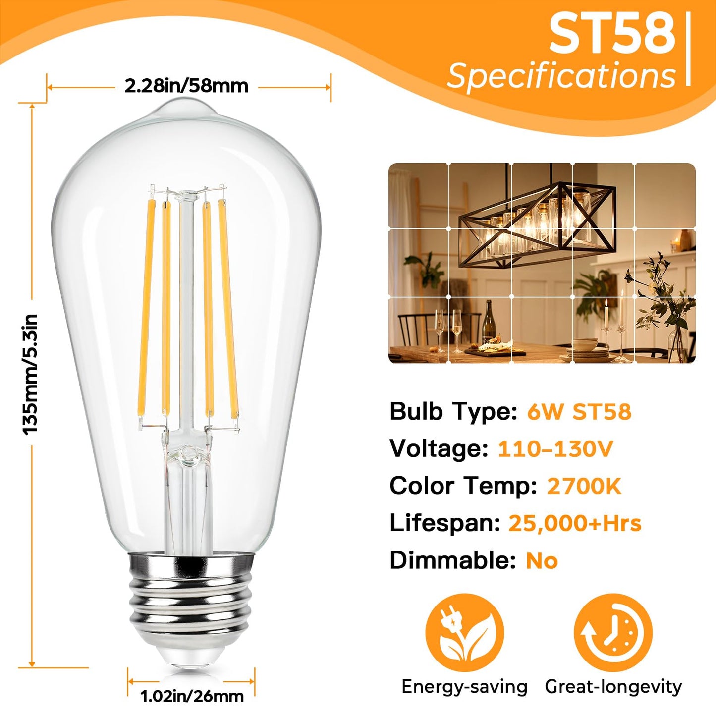 Brightever Vintage LED Edison Bulbs, 6W ST58, 2700K Warm White, Clear Glass, E26 Base, 8 Count, Model 580132-06+