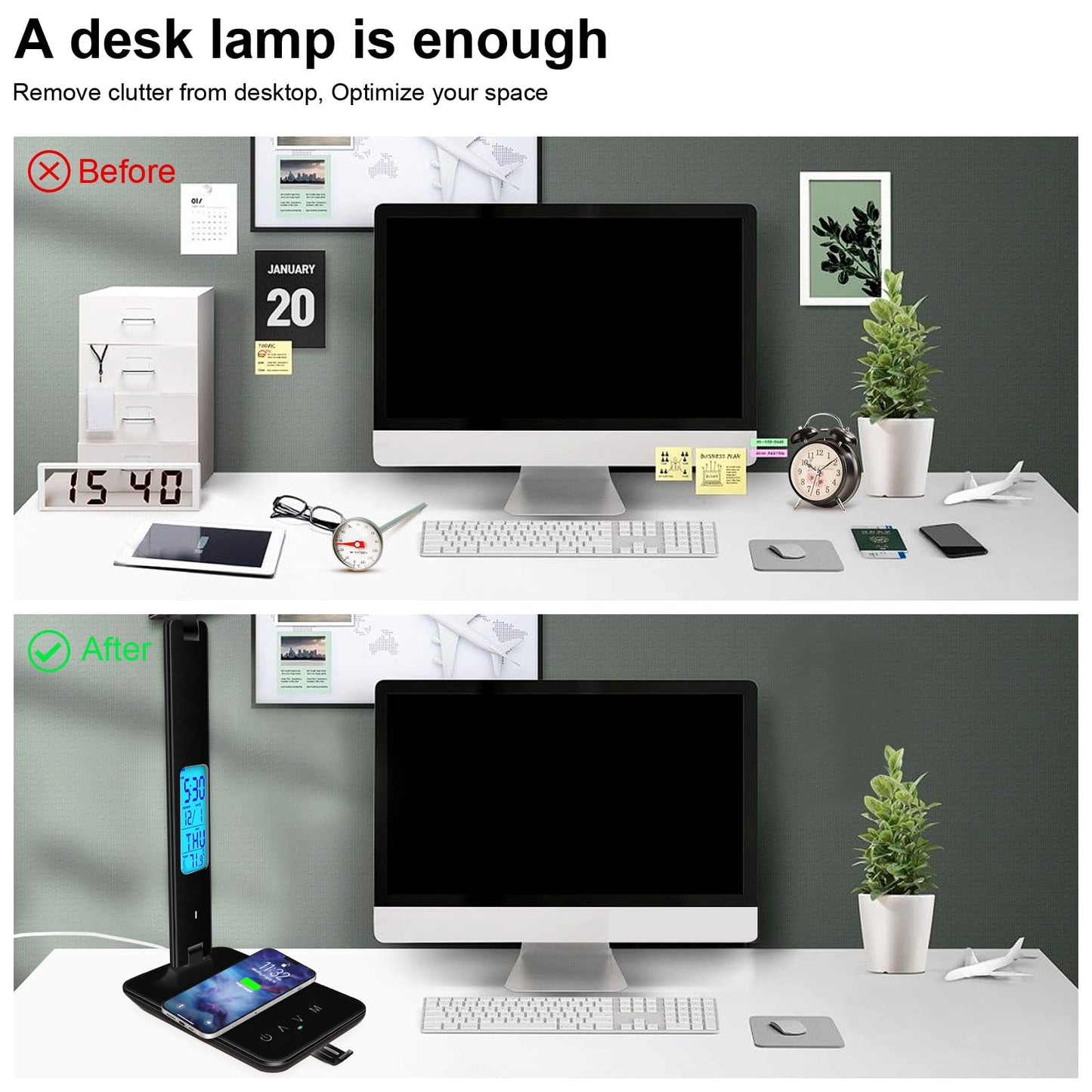snsok Desk Lamp with Wireless Charger, USB Port, Dimmable, Clock, Alarm, Temperature, Foldable, Black, Model TX26C