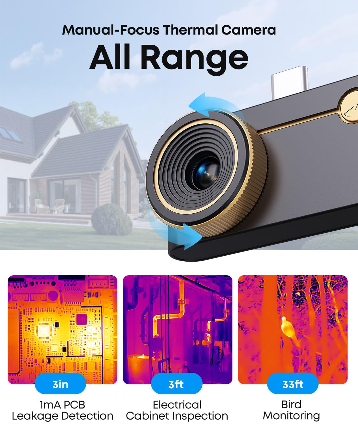 Thermal Master P3 - Thermal Camera for iOS & Android, 8mm Macro Vision Infrared Imager w/Manual Lens, 512x384 Super Ir Resolution, 3.6℉ Accuracy, 35mk NETD, Work for Home PCB Inspection, Black