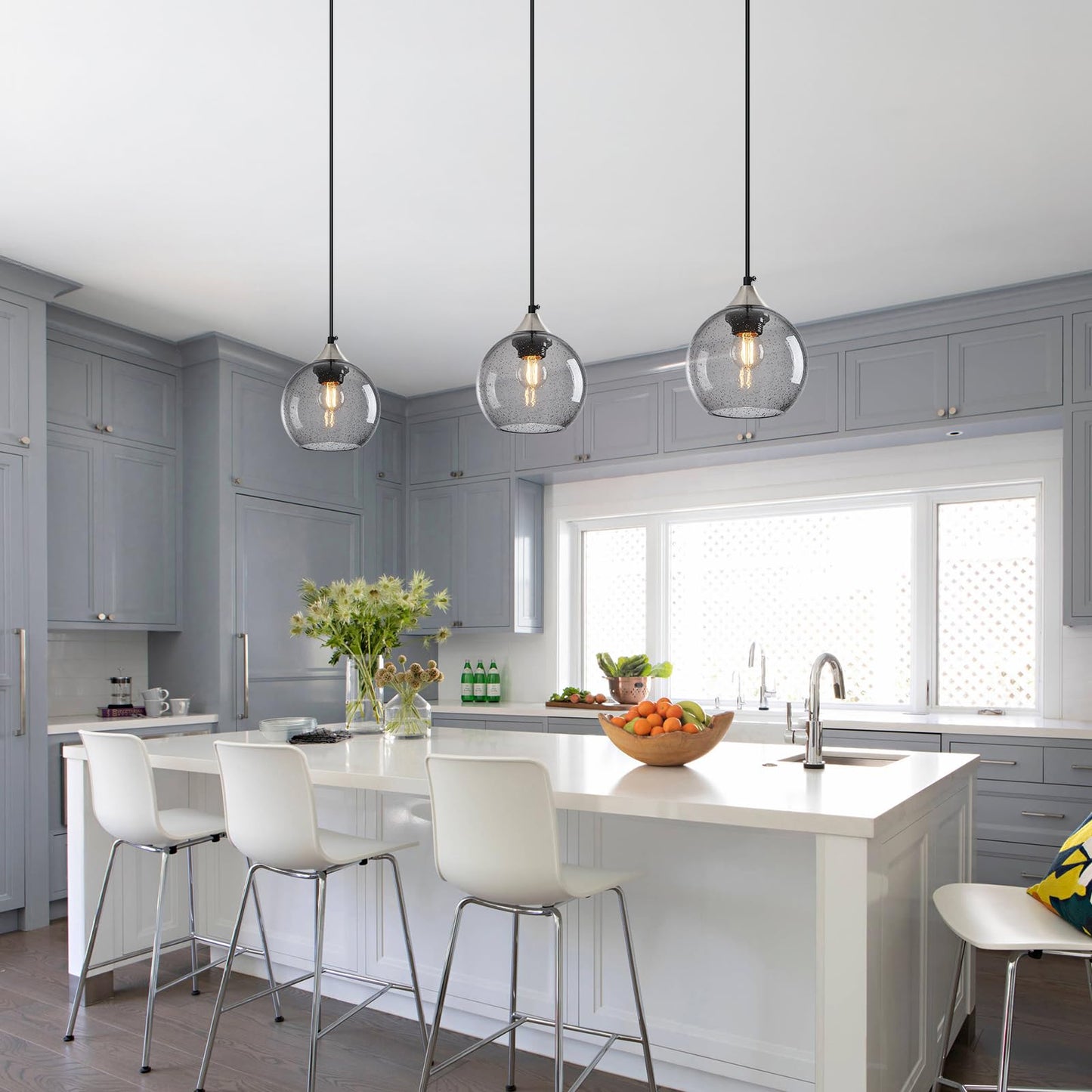 Lbsqj Light Grey Glass Pendant Lights Kitchen Island Globe Pendant Light Fixtures Modern Pendant Lighting For Bedroom Living Dining Room Light Fixture (5.9 In  3 Pack)