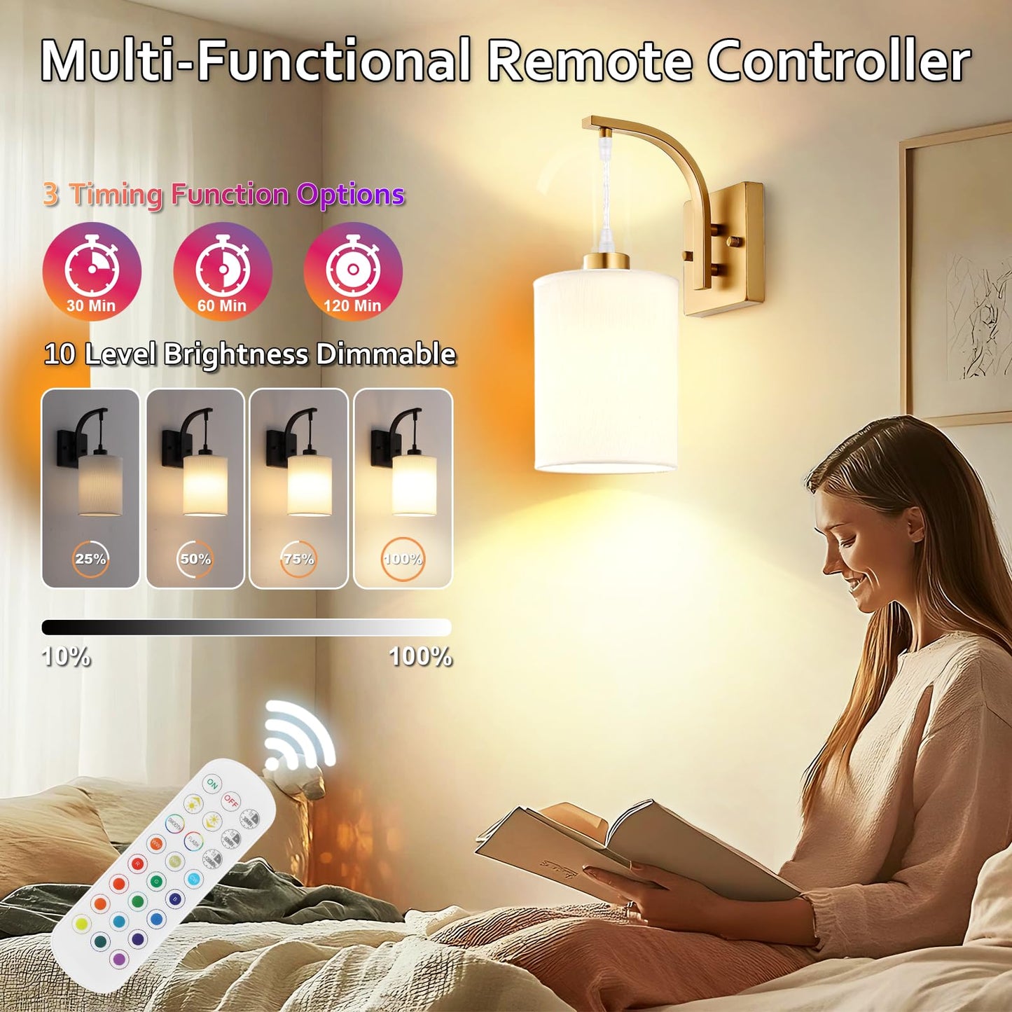 CNOIJUTS Battery Operated Wall Sconces Set of 2, Brass Gold, Rechargeable with Remote & Bulbs, Dimmable, Model W250301RC