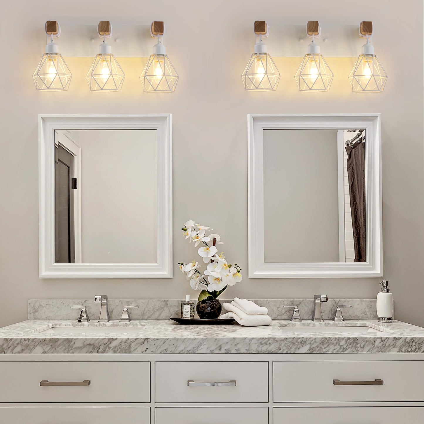 Farmhouse Vanity Light For Bathroom  3-Light White Wood Bathroom Vanity Light Fixtures Over Mirror  Rustic Sconces Wall Lighting With Metal Lampshade For Living Room  Bedroom  Hallway