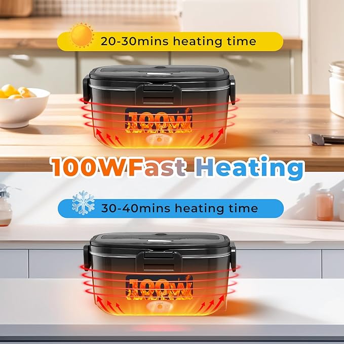 Electric Lunch Box for Adults 100W Fast Heated Lunch Box for Men Women with Dual 1.5L Stainless Steel Containers Fast Heating Portable Food Warmer 12V/24V/110V Lunch box, Home/Car/Office/Truck