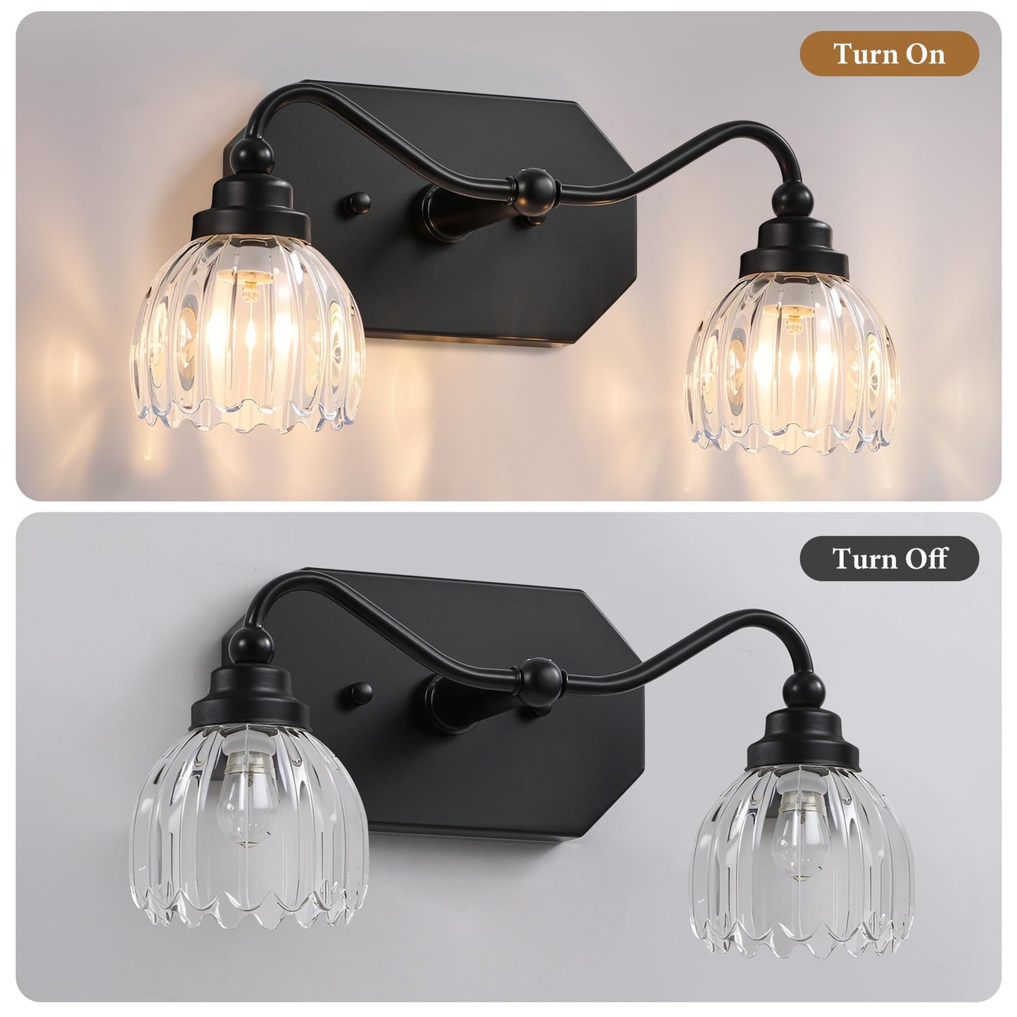 CmnVmn Vintage Bathroom Light Fixtures, 2 Light Bathroom Vanity Light, Black Matte Antique Brass Finish with Crystal Glass Shade, Mid Century Wall Sconces for Bedroom, Living Room, Hallway