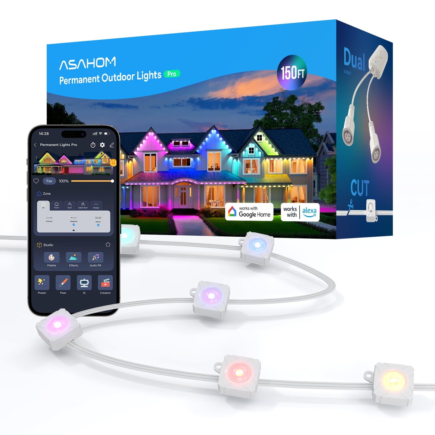 Asahom Permanent Outdoor Light Pro S108C  150Ft With 108 Rgbcw 70Lm Led  Wled Integration  Ai Lighting  30000 Lighting Effect Combination  Ip67 Waterproof For Christmas New Year Daily Decor  White