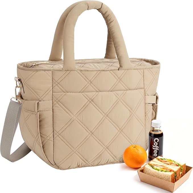 Insulated Lunch Box for Women Men, Soft & Puffy Lunch Bag, Large Capacity Leakproof Reusable Tote Cooler Bag with 4 Pockets, Adjustable Strap, Ideal for Work, Outdoors, Picnic, Travel (Khaki)