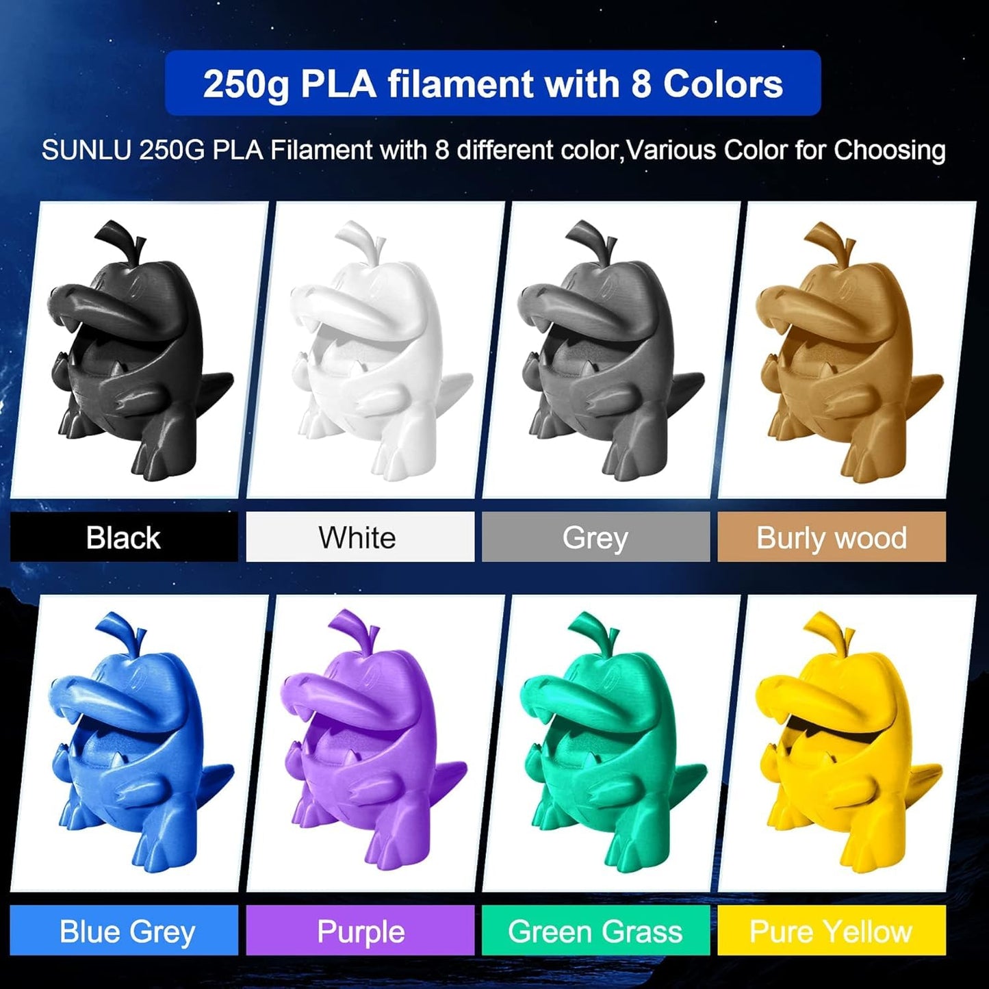 SUNLU 250g PLA Filament 1.75mm Bundle,3D Printer Filament Bundle Multicolor, Neatly Wound PLA Filament, Individually Vacuum Packed,250g Spool,8 Rolls,Black+White+Grey+Transparent+Red+Blue+Orange+Green