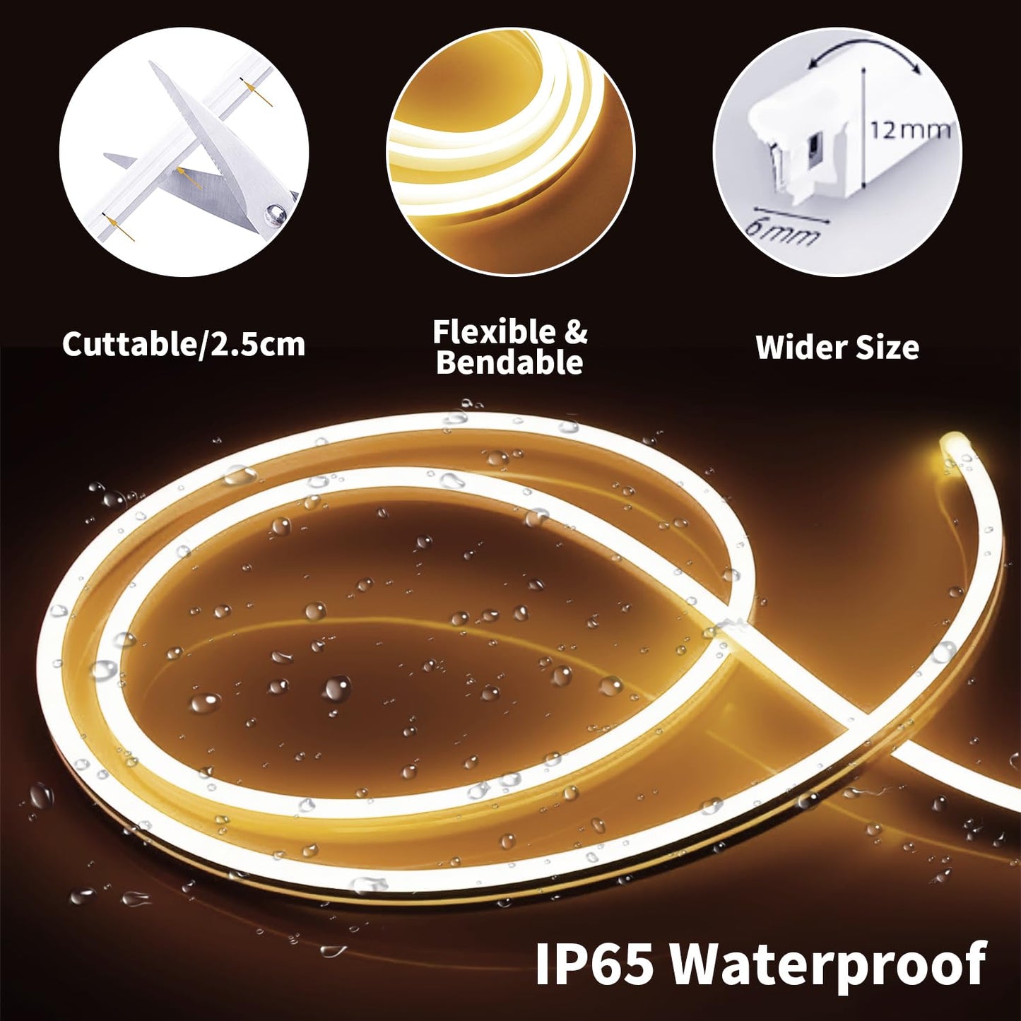 iNextStation 12V LED Strip Lights, 16.4FT Waterproof Dimmable Flexible Neon Rope Light, Warm White, Model 12V6*12