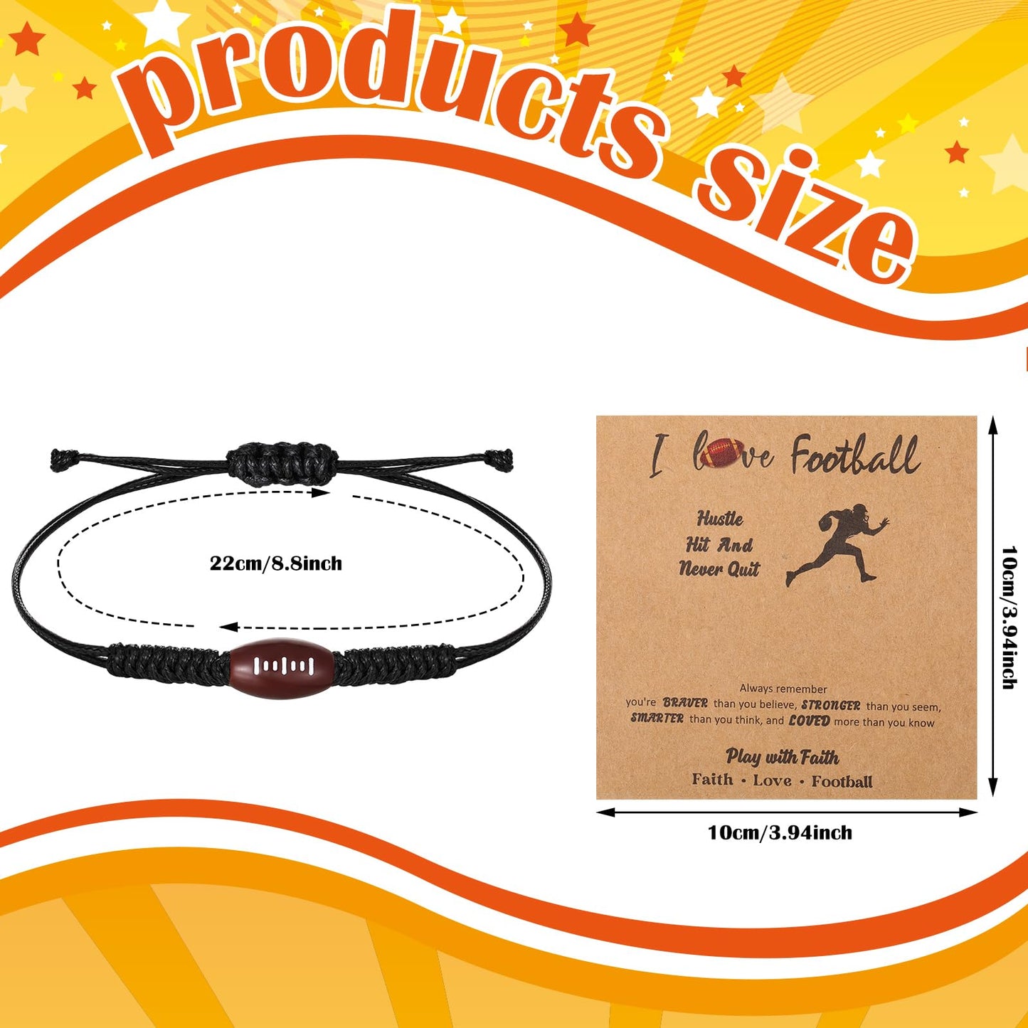 Huquary Sports Party Favors Bracelets Set - 30 Adjustable Bead Bracelets & Inspirational Cards for Football Lovers, Black/Red, Model HEL1787