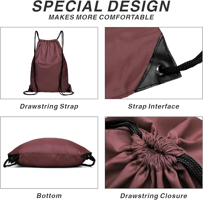 BuyAgain Drawstring Backpack Sports Water Resistant String Bag Sport Gym Sackpack for Women Men Large with Zipper, Burgundy