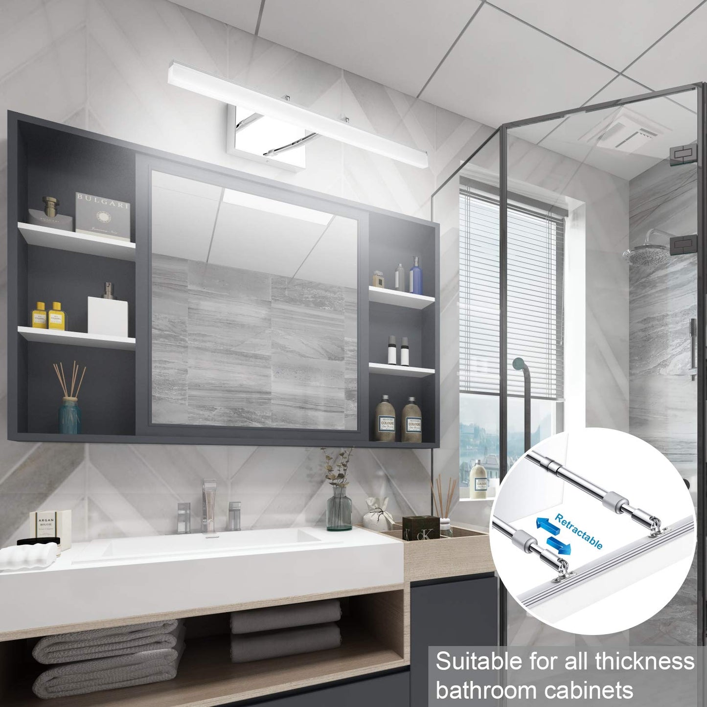 Aipsun 24 Modern Led Vanity Light Fixture, Chrome Stainless Steel, Model 6480, Adjustable Bathroom Lighting Over Mirror, 5500K