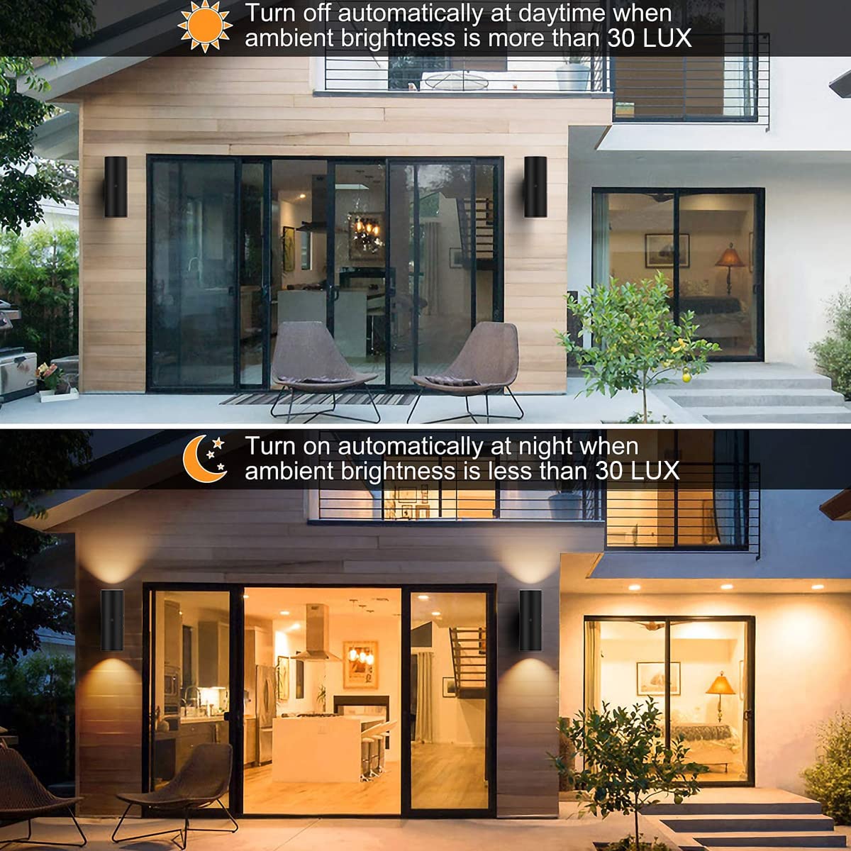 Tipace Modern Outdoor Porch Lights - Matte Black Cylinder Wall Fixtures, Dusk To Dawn Sensor, Aluminum, 2 Pack