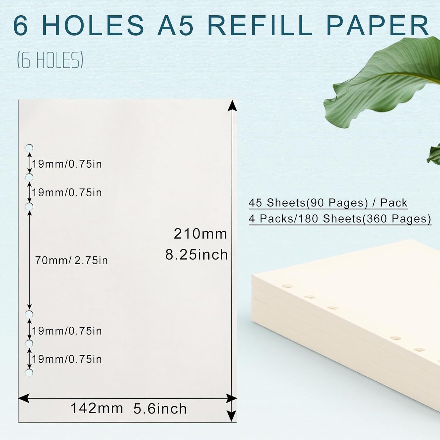 Toplive A5 Refill Paper, [4 Pack] 100GSM Thick 6 Hole Filler Inserts for 6 Ring Binder Journal Notebook - 180 Sheets (360 Pages), Blank