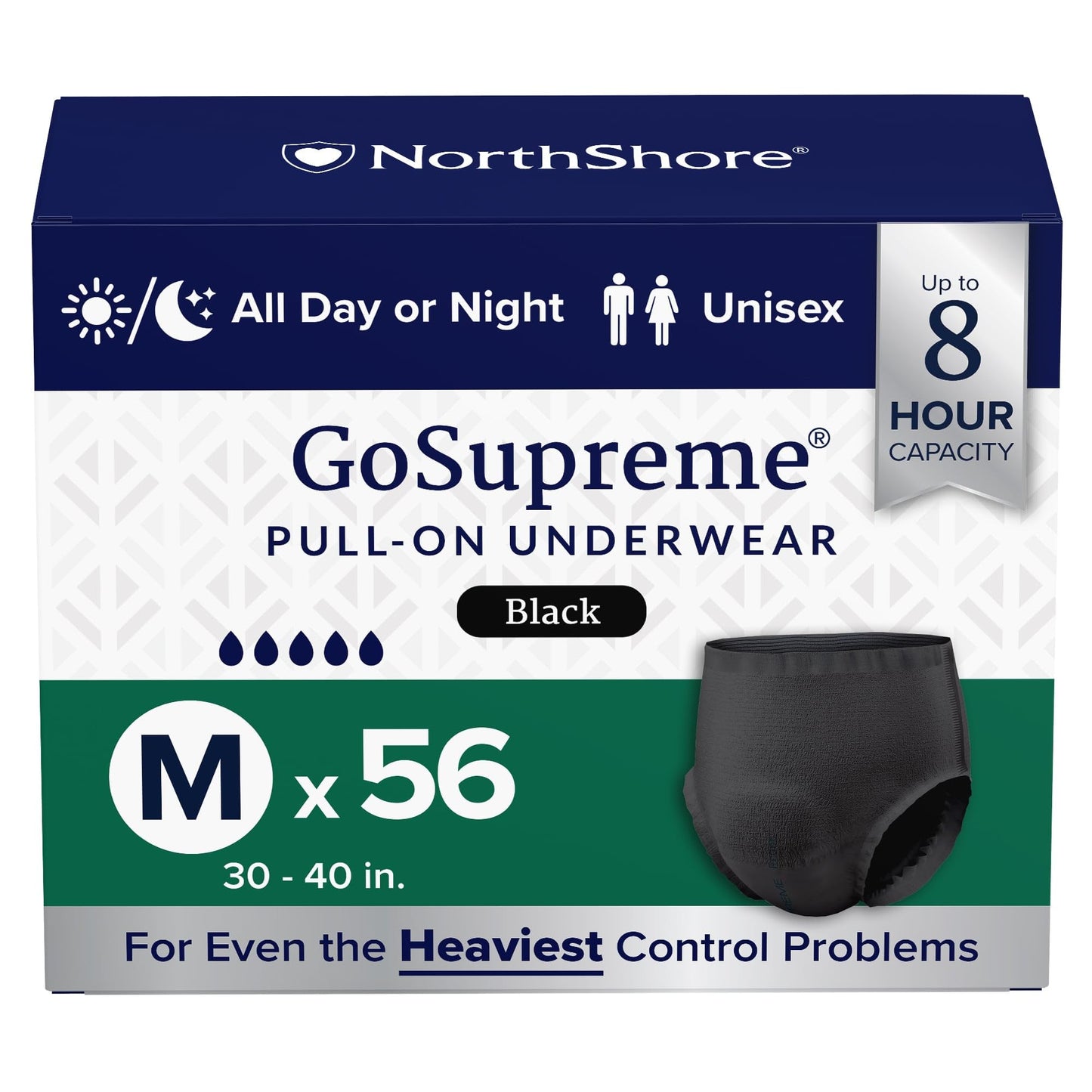 NorthShore GoSupreme Overnight Pull-On Underwear, 8-Hour Leak Protection, Medium, 56-Count Case, Black, (30-40 in Waist), Unisex Adult Diapers