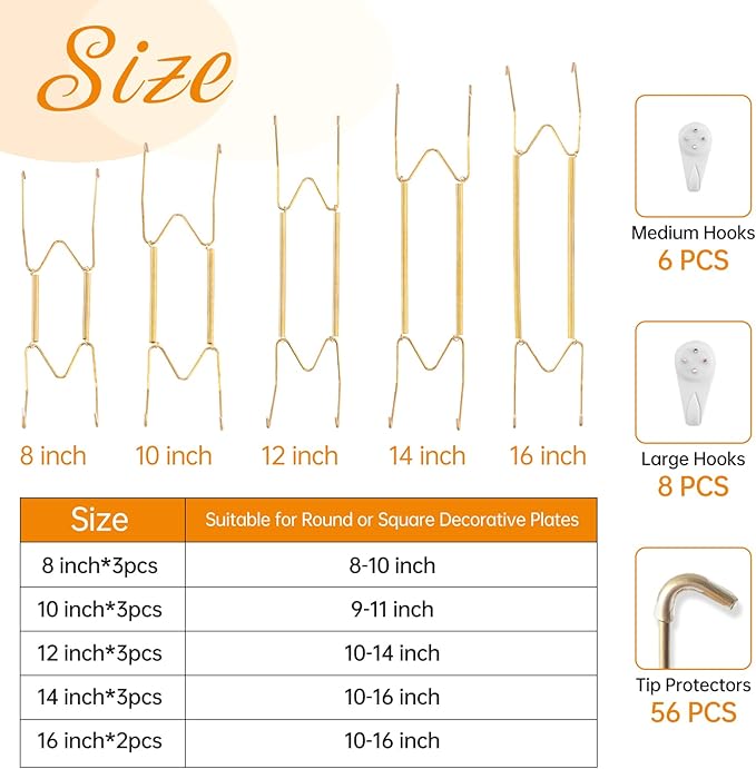 Bilillo 14 Pieces Plate Hangers for Wall - 8/10/12/14/16 Inch Invisible Plates Hanger, Stainless Steel Plate Holders with 14 Pieces Wall Hooks for 7.5 to 20 Inch Decorative Plates and Arts (Gold)