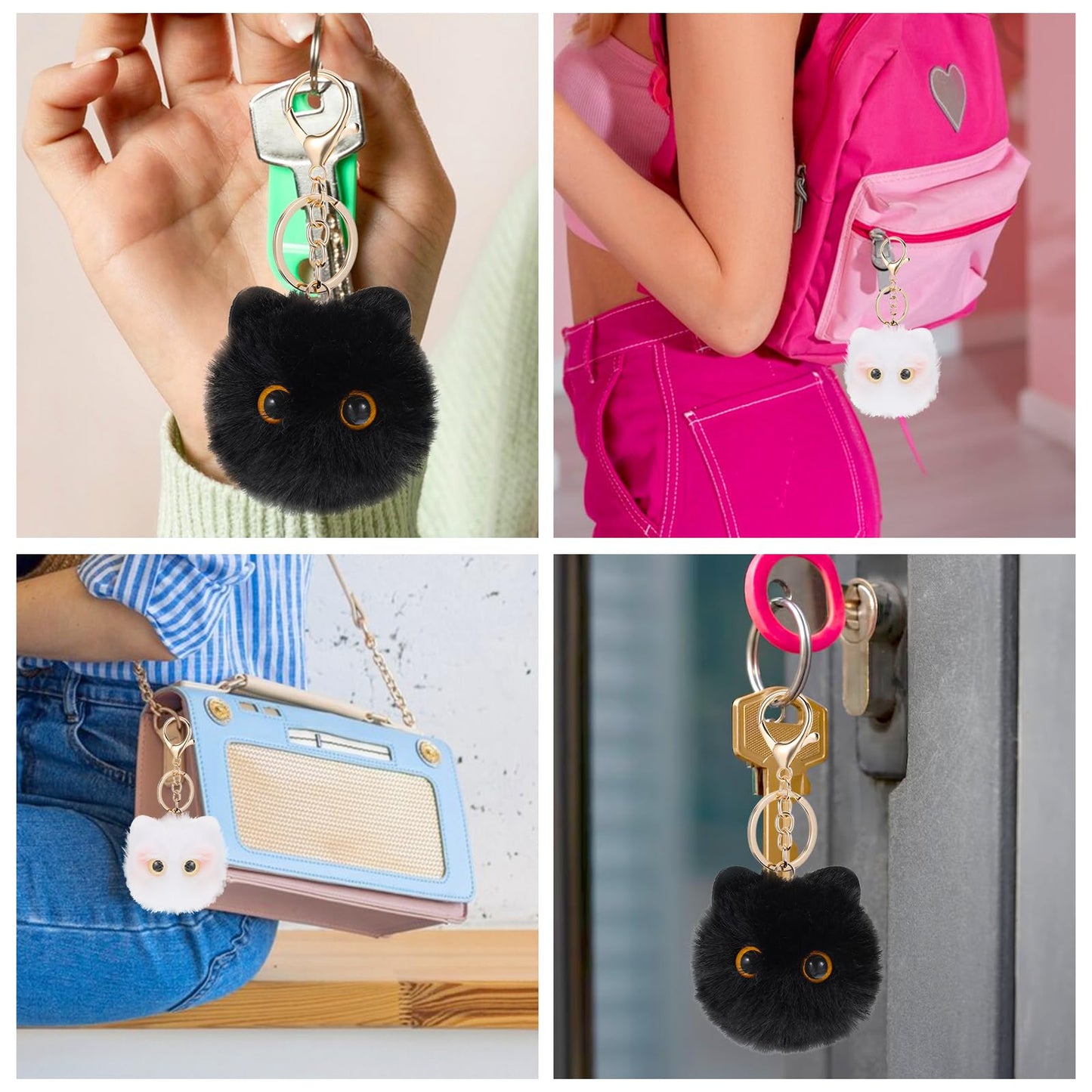 Tyqour 2Pcs Cute Cat Plush Keychain Pom Pom Keychain Cat Key Chain Stuffed Animal Keychain Kawaii Funny Lover Gifts For Birthday Christmas Valentine's Day Gift(White Black)