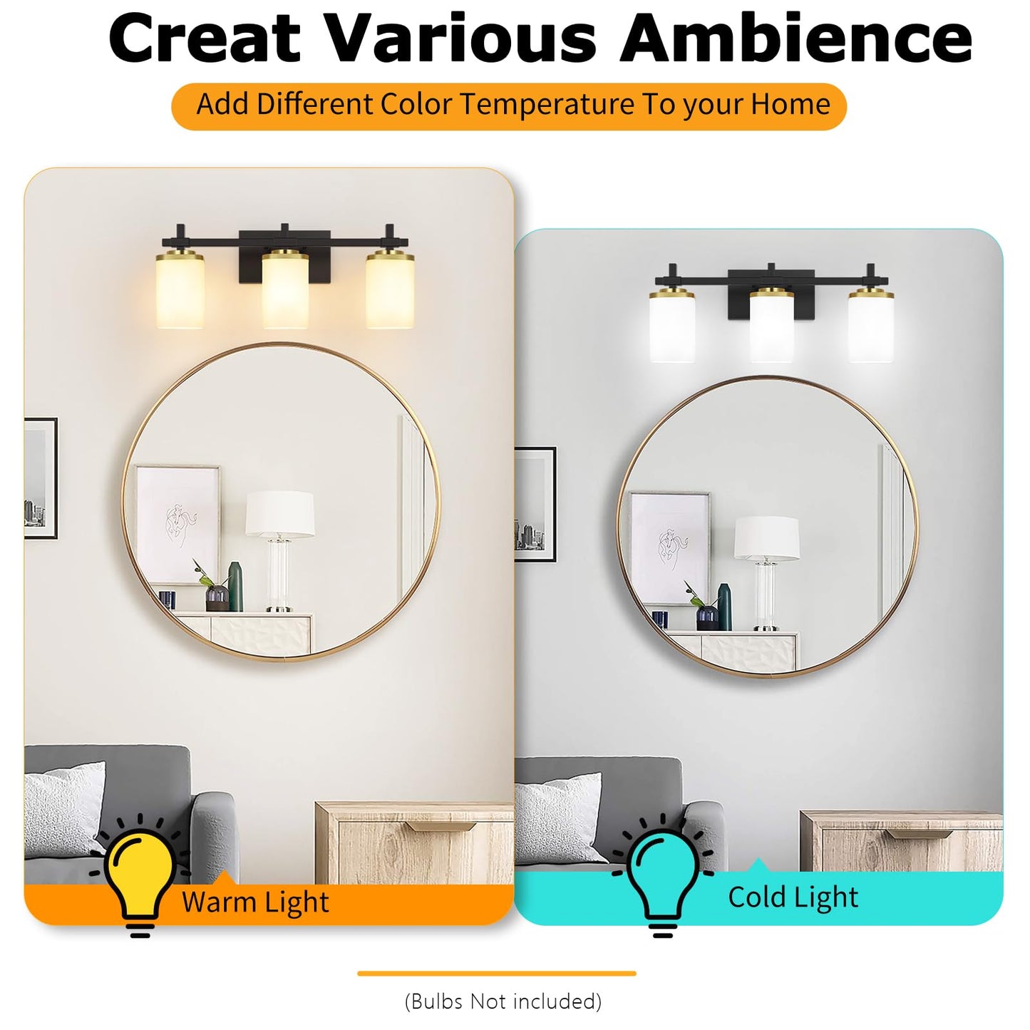 Spiglamm 3-Lights Black and Gold Bathroom Lighting Fixtures Over Mirror, Anti-Rust Vanity Wall Lights for Bathroom with Milky White Frosted Glass Shades, Modern Bath Wall Lamp for Living Room Bedroom