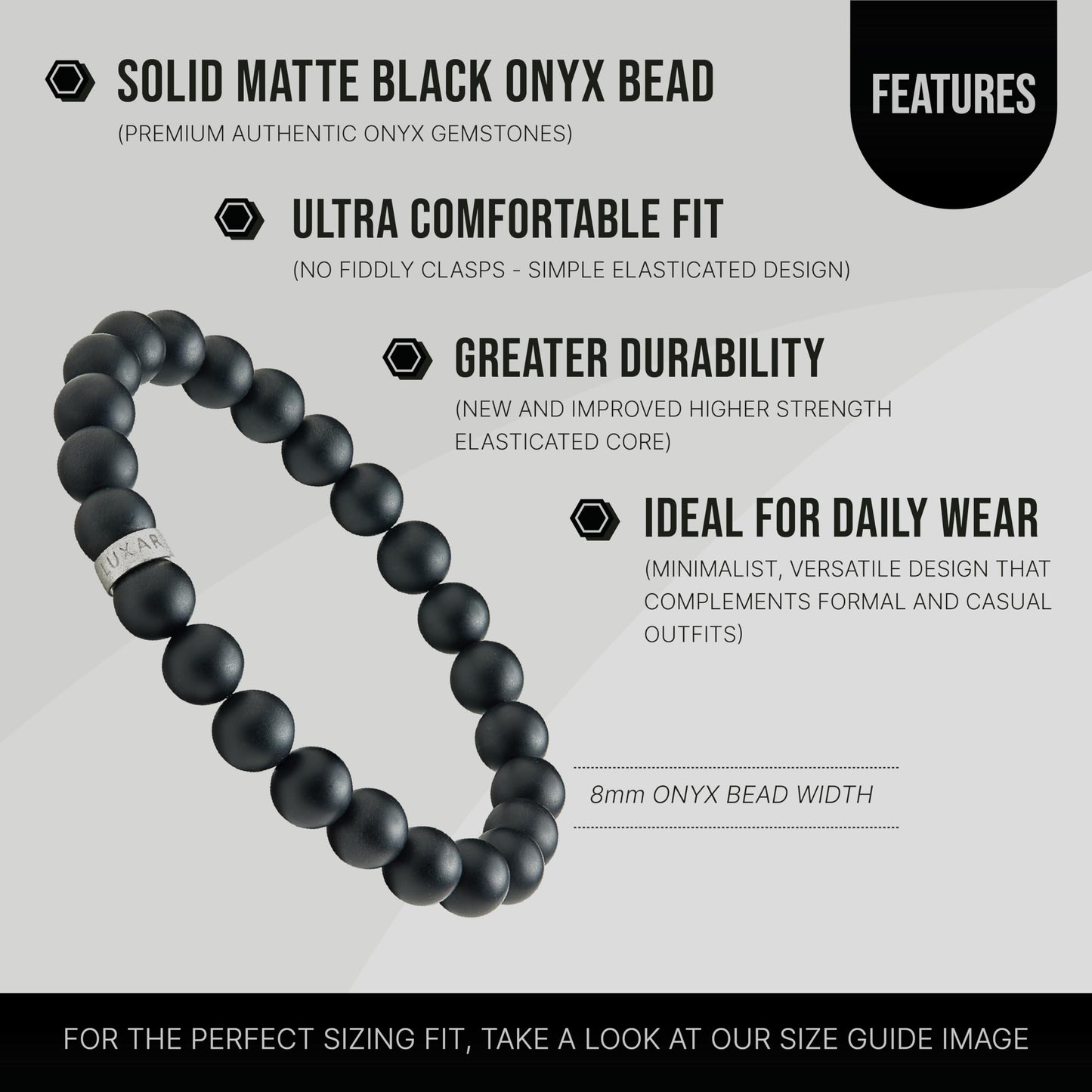 LUXAR Mens Black Onyx Stone Bead Bracelets | Matte Black 8mm Stone | Minimalist, Designer Jewelry for Men (925 Silver, Small)