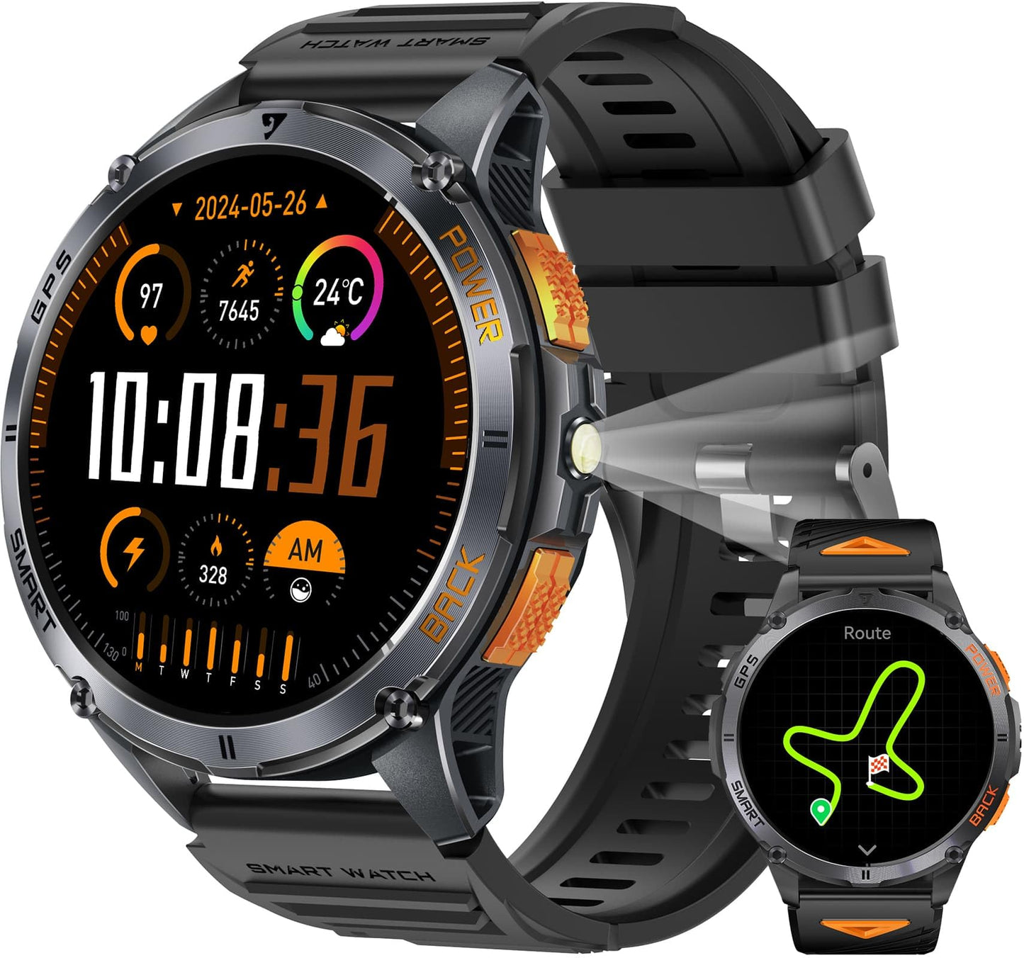 Kpep Military Smart Watches For Men With Gps, 1.43 Amoled/2 Straps/Led Flashlight/Ip68 Waterproof Smartwatch, Make/Answer Calls,