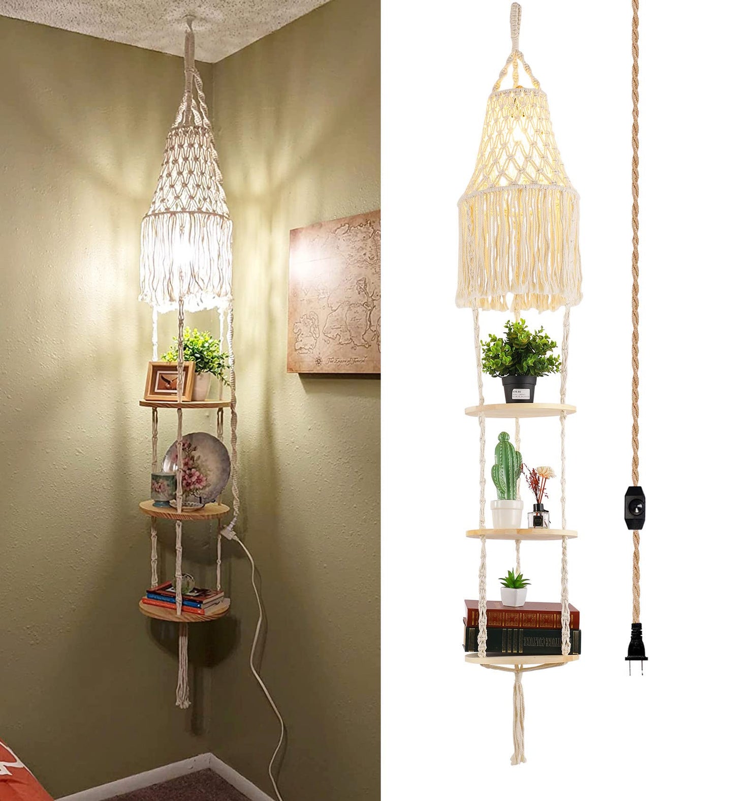 QIYIZM Boho Pendant Light with Plug-in Cord, Dimmable Switch, Macrame Shade, White, Ideal for Bedroom and Living Room Decor