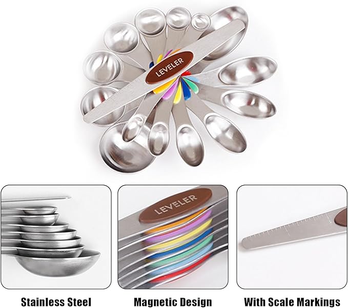 8-Piece Measuring Magnetic Spoons Set with Leveler - Stainless Steel for Measuring Dry and Liquid Ingredients, Double Ended, Stackable & Nested Fits in Kitchen Spice Jars for Baking & Cooking
