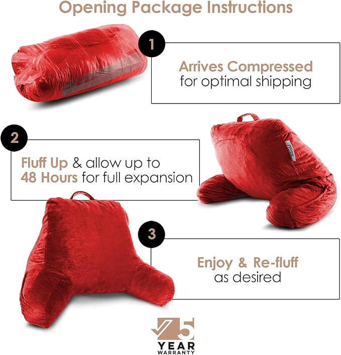 Nestl Reading Pillow Standard Bed Pillow, Back Pillow for Sitting in Bed Shredded Memory Foam Chair Pillow, Reading & Bed Rest Pillows Cherry Red Back Pillow for Bed, Bed Chair Arm Pillow with Pockets