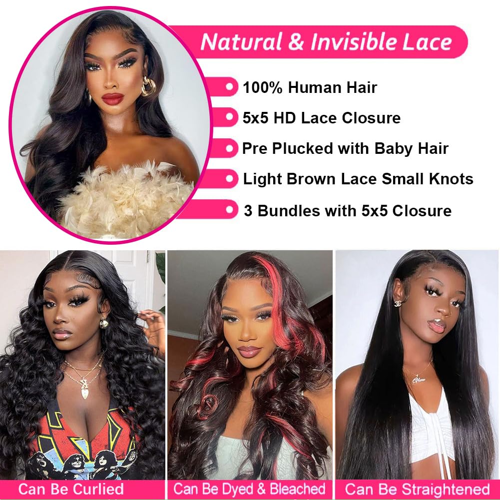 Body Wave Human Hair Bundles with Closure (22 24 26+18) 5x5 HD Closure with Bundles Human Hair 3 Weave 12A Brazilian 100% Unproc