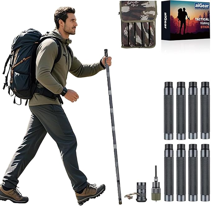 aiGear H2 Survive Walking Hiking Stick - Outdoor Tactical Hiking Staff Multitool Gear Adjustable Trekking Poles for Surviv...
