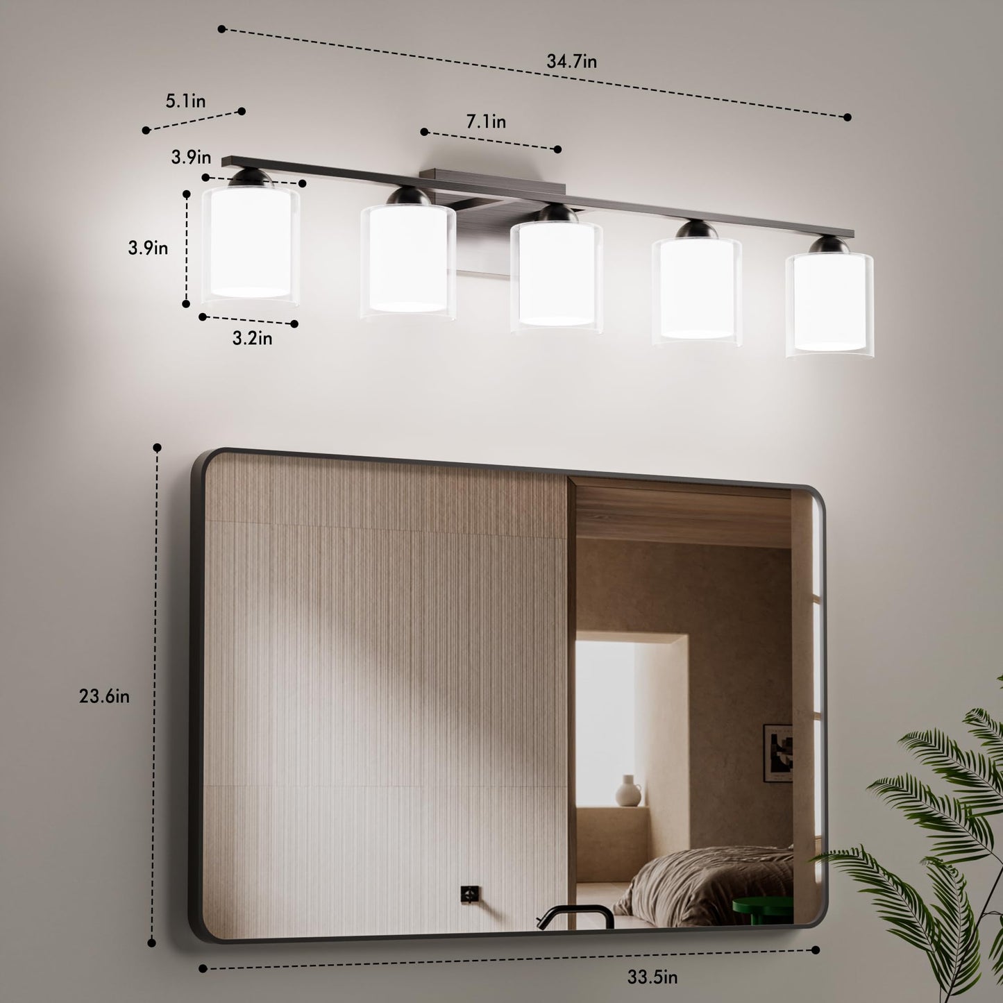 Quntis 5 Light Brushed Nickel Bathroom Light Fixtures  Modern Vanity Lights Over Mirror With 5 Colors & Stepless Dimmable  33 Inch Led Bathroom Lighting With Milk White Frosted Glass (Bulbs Included)