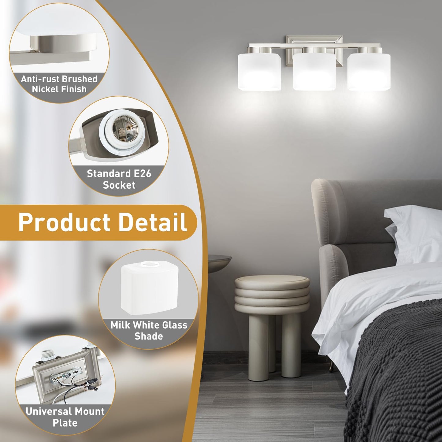 Ejiaxin 3-Light Bathroom Light Fixtures - Brushed Nickel Bathroom Vanity Lights With Glass Shade Modern Bathroom Lighting Fixtures Over Mirror - Wall Sconce Lamps For Bedroom Living Room Hallway