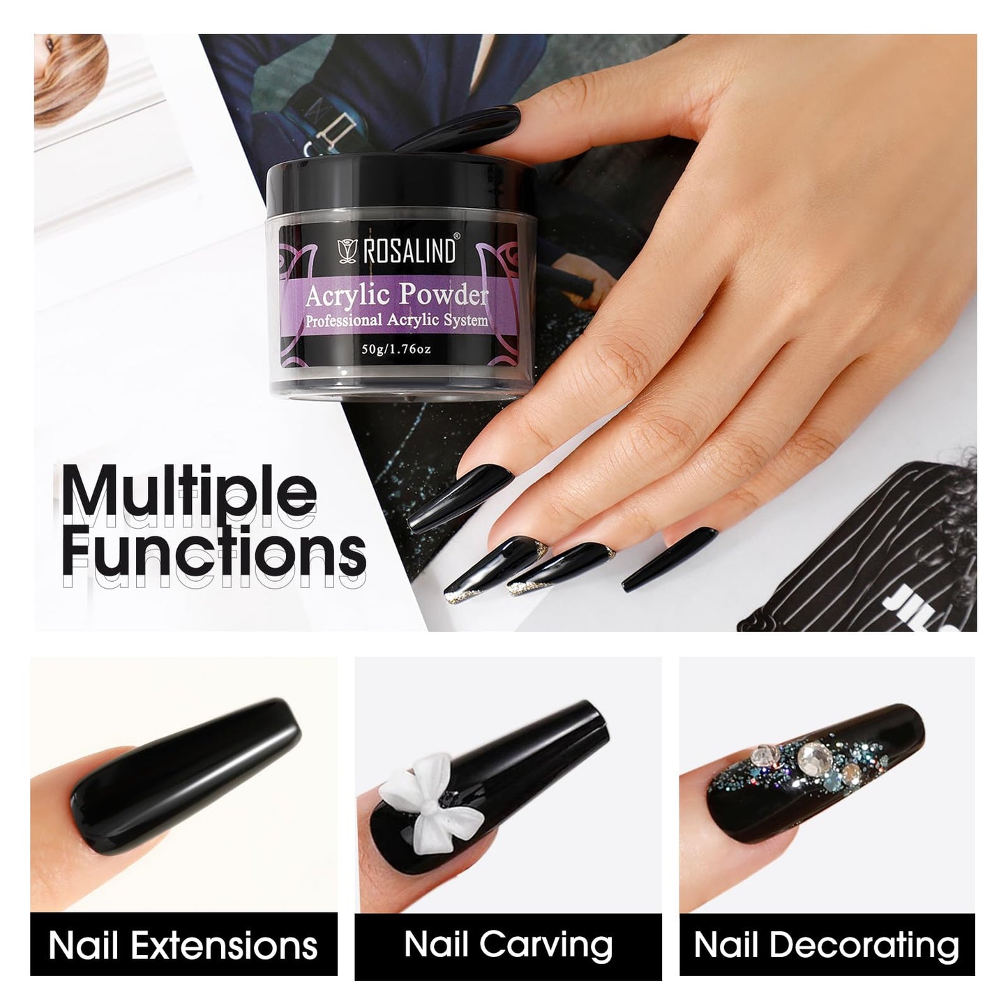 ROSALIND Black Acrylic Nail Powder 50g/1.76oz Acrylic Black Powder for Nail Acrylic Extension, Professional Crystal Polymer Blac