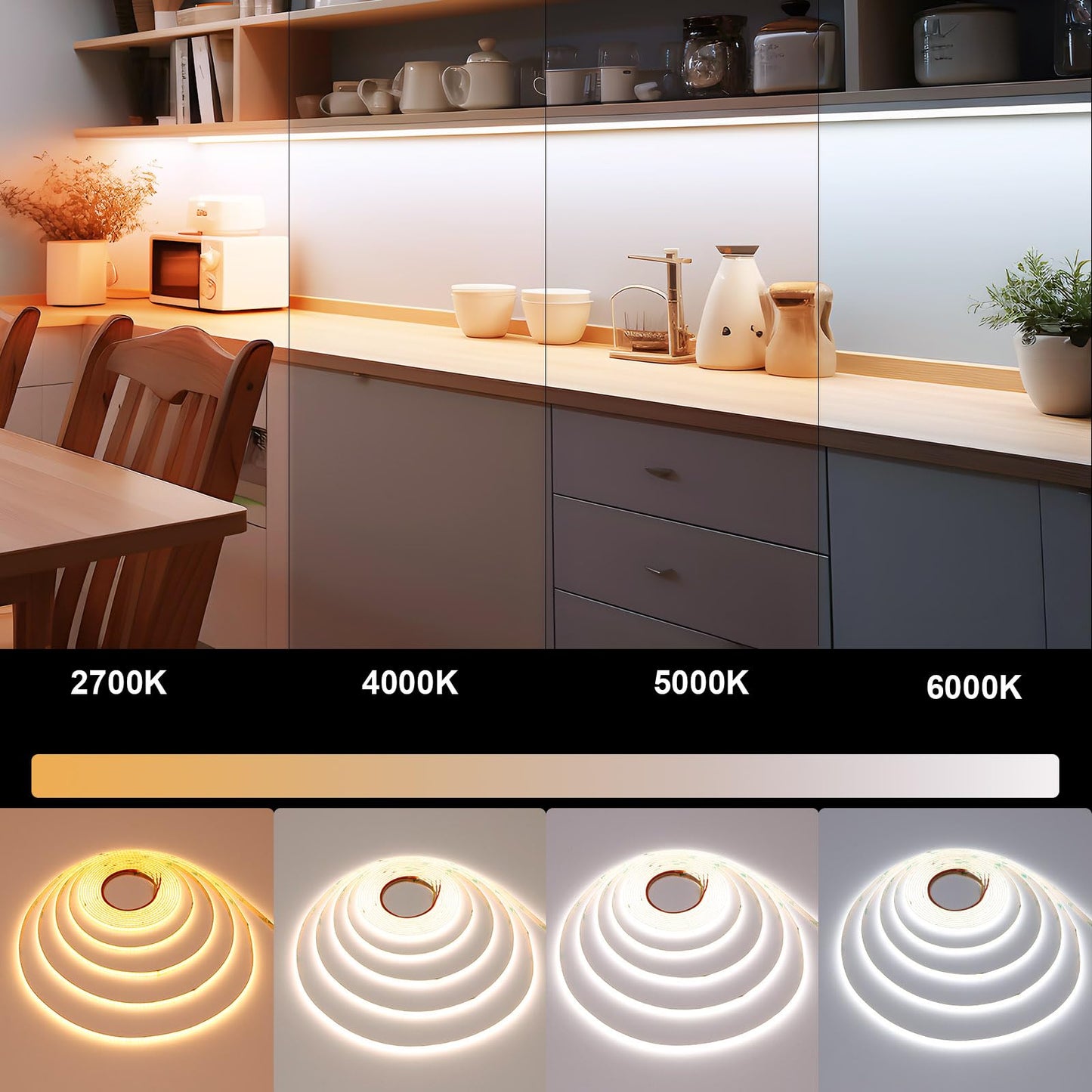 TOPAI 5mm Ultra Thin 24V COB LED Strip CCT Dimmable White 2700-6500K CRI>90+ Dotless 16.4ft 608LEDs/M High Density Cuttable Flexible Self Adhesive for Cabinet Home DIY Lighting