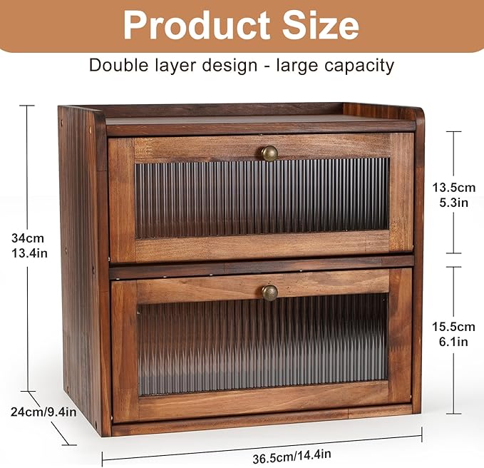 Ciilee Baby Bread Box for Kitchen Countertop Wooden Double Layer Storage Container Bread Bin Large Capacity Vintage Bread Keeper Farmhouse Breadbox Pantry Organizer Versatile Food Cabinet(Brown)