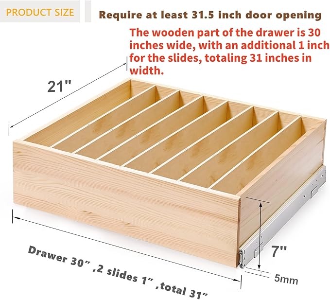 Pull Out Cabinet Organizer with Divider, 31''W×21''D×7''H Soft Close Wood Drawer for Kitchen Pantry, Finished, Heavy-Duty, Bottom Assembly (Wood Drawer Part Width is 30'')