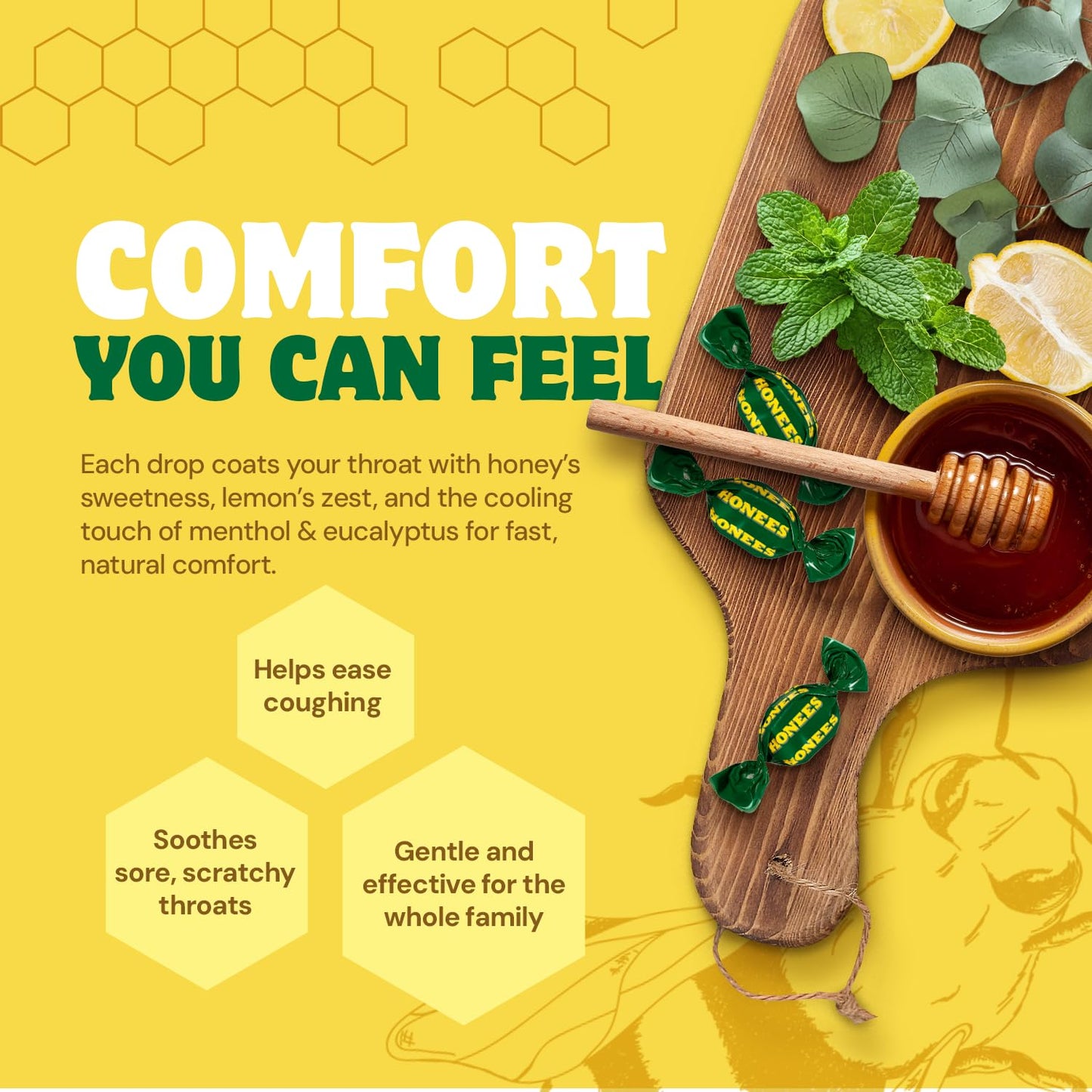 Honees Filled Honey Lemon Cough Drops- Filled with Honey, Menthol, Lemon and Eucalyptus - Nothing Artificial -Natural Sore Throat Lozenges- Non-GMO (6 Pack – 120 Drops)