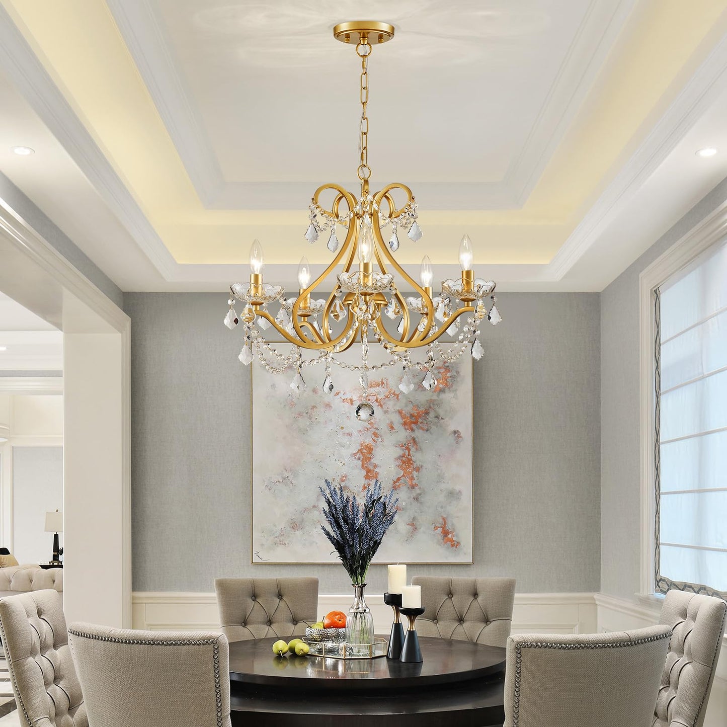 Wuzups Crystal 5-Light Candle Chandelier Pendant Flushmount Ceiling Light Modern Lighting Fixture For Bedroom Hallway Bar Kitchen Bathroom  H 20.9 X W 21.7  Gold  E12 Base