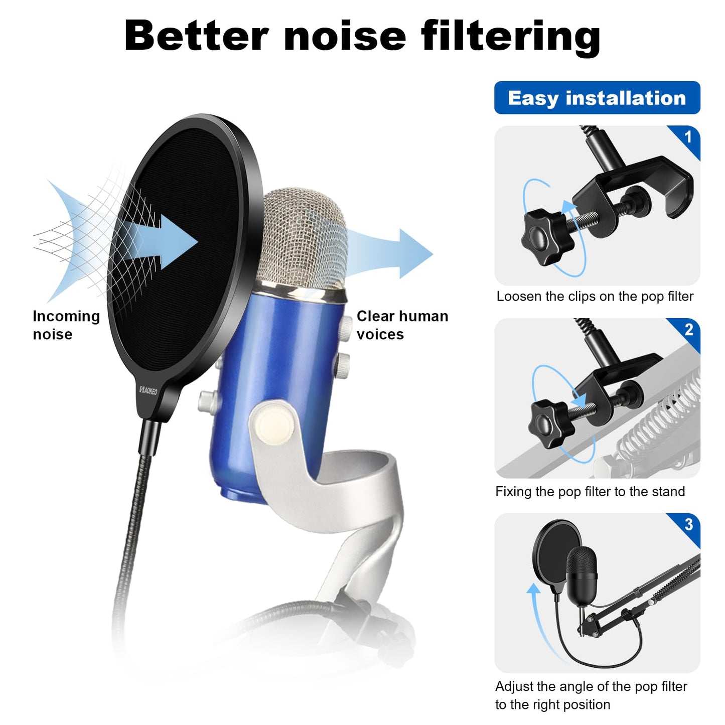 Aokeo Professional Microphone Pop Filter Mask Shield For Blue Yeti and Any Other Microphone,Mic Dual Layered Wind Pop Screen With Flexible 360° Gooseneck Clip Stabilizing Arm